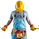 Construction worker in a tool belt holding hammers.
